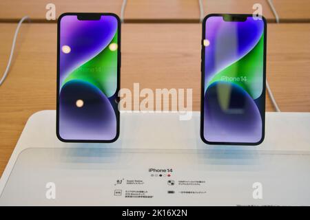 Tokio, Japan. 16. September 2022. Apples neue iPhone 14-Serie wird am 16. September 2022 im Apple Omotesando-Store in Tokio, Japan, während des Einführungstages angezeigt. Kredit: Aflo Co. Ltd./Alamy Live Nachrichten Stockfoto