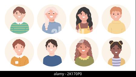 Bundle von lächelnden Gesichtern von Jungen und Mädchen mit verschiedenen Frisuren, Hautfarben und Ethnien. Vektor-Illustration im flachen Cartoon-Stil Stock Vektor