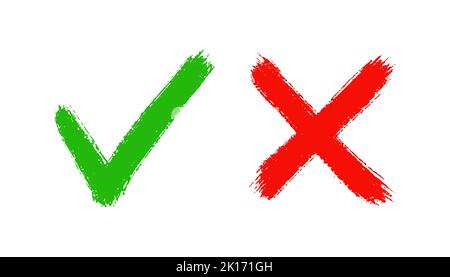 Grunge handgezeichnete Häkchen und Kreuzmarkierung. Pinsel gezeichnete Symbole OK, JA und NEIN, X. Ticken Sie V und kreuzen Sie X für das Kontrollkästchen an. True- und False-Symbole. Vektor Stock Vektor