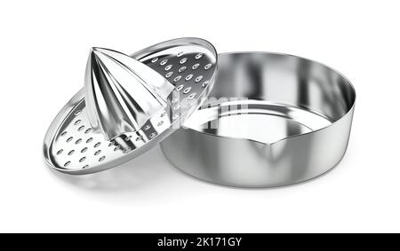 Zitruspresse aus Metall auf weißem Hintergrund Stockfoto