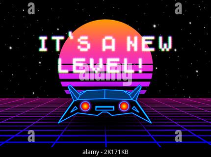 Synthwave Grußkarte mit 80s-Stil Sonne, Raumschiff und Pixel-Schrift Grußwort Phrase. Neuer Level Upgrade Party Flyer mit Retro Arcade Raumschiff Stock Vektor
