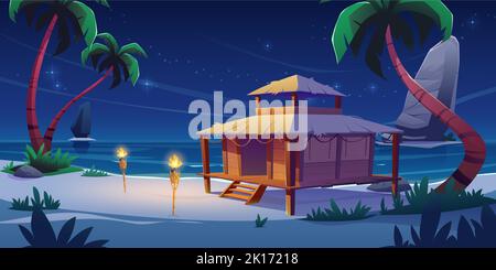 Strandhütte oder Bungalow bei Nacht auf tropischer Insel, Sommerhütte mit Glühfenster unter Vollmond Sternenhimmel an der Meeresküste, Holzhaus auf Pfählen mit Terrasse in Meeresnähe, Cartoon-Vektor-Illustration Stock Vektor