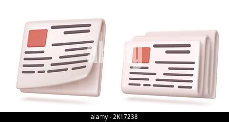 3D Zeitungssymbole isoliert auf weißem Hintergrund gesetzt. Vektordarstellung der Presse mit Artikeln und Schlagzeilen auf Seiten. Retro Business Media, tägliche Informationsquelle. Journalismus und Verlagswesen Stock Vektor