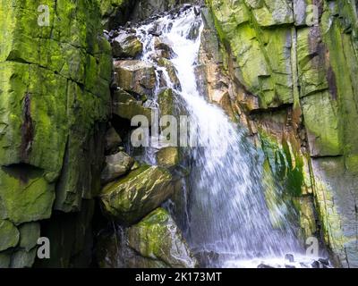 Spektakuläre Aussicht auf einen Wasserfall auf einem Gletscher. Die Vogelklippe Alkefjellet ist die berühmteste Klippe des Spitzbergen-Archipels. Hinloopen Fjord, Spitzbergen. Stockfoto