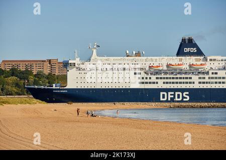 Littlehaven Beach South Shield MS Princess Seaways Cruiseferry Danish DFDS Seaways North Shields, England, IJmuiden Niederlande Stockfoto