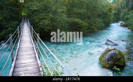 Hängebrücke über den Bergfluss im Wald Stockfoto