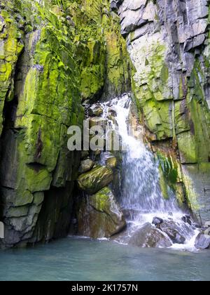 Spektakuläre Aussicht auf einen Wasserfall auf einem Gletscher. Die Vogelklippe Alkefjellet ist die berühmteste Klippe des Spitzbergen-Archipels. Hinloopen Fjord, Spitzbergen. Stockfoto