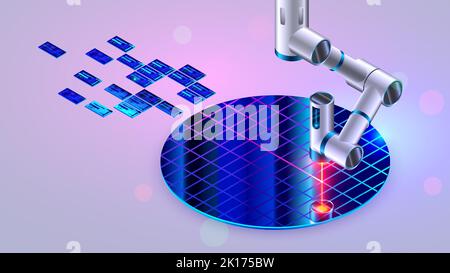 Halbleiter-Wafer für die Herstellung von Mikrochips. Elektronische Geräte. Laser auf Roboterarm, der im Werk Scheiben auf Siliziumwafer schneidet Stock Vektor