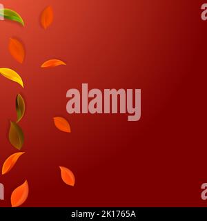 Herbstliche Blätter fallen. Rot, gelb, grün, braun ordentliche Blätter fliegen. Farblich abgestuftes Laub auf einzigartigem roten Hintergrund. Super zurück zur Schule Verkauf. Stock Vektor