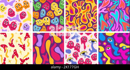 Lavalampen-Muster. Retro schmelzende Gesichter, psychedelische Blase Flüssigkeit, Herzen und Hippie-Pilze. Vintage nahtlose Vektor-Hintergrund-Set Stock Vektor