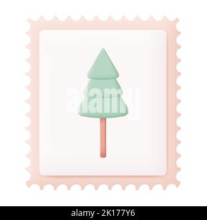 Weihnachts-Briefmarke mit Weihnachtsbaum 3D Symbol Vektor-Illustration auf weißem Hintergrund Stock Vektor