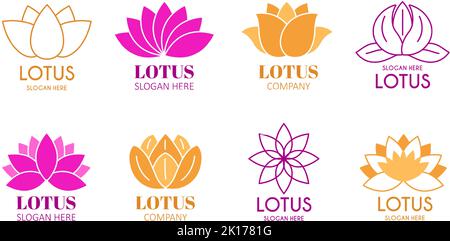 Lotusblumen-Emblem. Seerosenblütenetikett, Beauty Spa Zeichen und Yoga Business Vektor Vorlage Set Stock Vektor