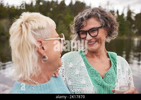 Lächelnde Frauen zusammen gesprochen Stockfoto