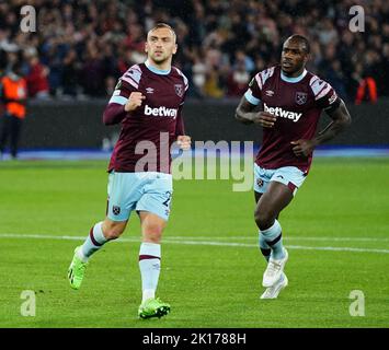 Aktenfoto vom 08-09-2022 von Jarrod Bowen (links). West Ham-Chef David Moyes hat den englischen Vordenker Jarrod Bowen unterstützt, um rechtzeitig vor der WM die Spitzenform wiederzuentdecken. Ausgabedatum: Freitag, 16. September 2022. Stockfoto