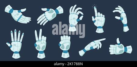 Gesten der Roboterhand. Geste des Roboterarms, um zu zeigen, zu halten und zu schütteln. Futuristische bionische Hand Prothese Cartoon Vektor Illustration Set Stock Vektor