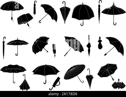 Schablonenschirme. Gefalteter Sonnenschirm, offener Sonnenschirm für regnerisches Wetter oder Sonnenschutz. Verschiedene Form Accessoires schwarz Silhouette Vektor Symbol Set Stock Vektor