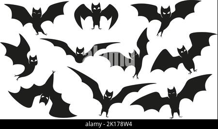 Halloween bat silhouette. Flying wings shape, horror vampire bats and scary night mammal animal vector icons set Stock Vektor