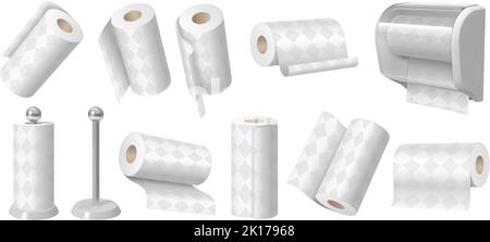 Papierhandtücher. Küchenhandtuchrolle, weißer Wischenzylinder auf Ständer und isolierter Vektor-Illustrationssatz mit Weichteilsaugenden 3D Stock Vektor