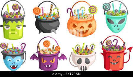 Halloween Eimer. Trick or Treat Taschen, Kürbis Eimer mit Süßigkeiten und Süßigkeiten Jagd Pack Cartoon-Vektor Illustration Set Stock Vektor