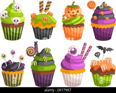 Halloween Cupcakes. Gruselig dekorierte Muffins, thematische kleine Kuchen für den 31. Oktober und gruselige Dessert Lebensmittel Cartoon Vektor Illustration Set Stock Vektor