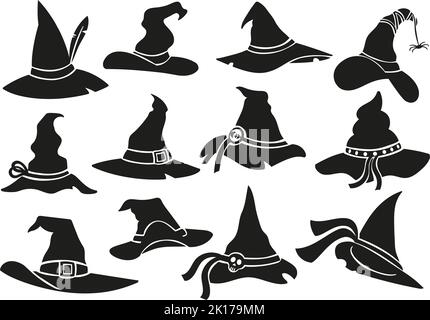 Hexenhut-Schablonen-Symbole. Halloween Zauberin Mütze, Zauberer Hut Silhouette und gruselige gruselige Maskerade Hüte Vektor-Set Stock Vektor