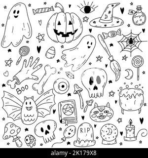 Handgezeichneter Doodle-Vektor-Cartoon-Satz von Halloween-Objekten und Symbolen. Skizze von Geist, Kürbis, Knochen, Gift, Schädel, Zauberbuch, Katze, Kerze, Fledermaus Stock Vektor