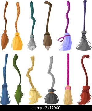 Hexenbesen. Magische halloween Broomstick, Zauberer Besen und alte Holz sauber Werkzeug für Hausarbeit Cartoon-Vektor-Set Stock Vektor