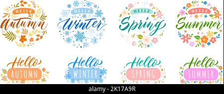 Schriftzug „Hello Season“. Herbst, Winter, Frühling und Sommer feiern Typografie Abzeichen Vektor Illustration Set Stock Vektor