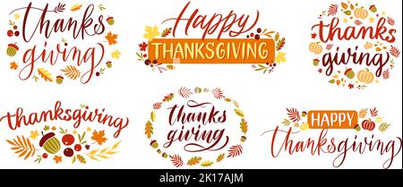 Thanksgiving Day Schriftzug. Happy thanks giving Card Typography, Herbstferien feiern Banner mit orangenen Blatt Vektor-Set Stock Vektor