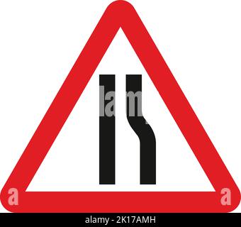 Die Straße verengt sich rechts (links, wenn das Symbol umgekehrt ist), das Straßenverkehrszeichen der Straßenverkehrsordnung, Hinweisschilder, Schilder mit roten Kreisen sind meist unerschwinglich. Pl Stock Vektor