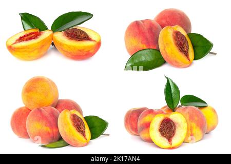 Frische Pfirsich auf weißem Hintergrund mit Schneideweg, Sammlung von Pfirsich Obst isoliert auf weißem Hintergrund, Stockfoto