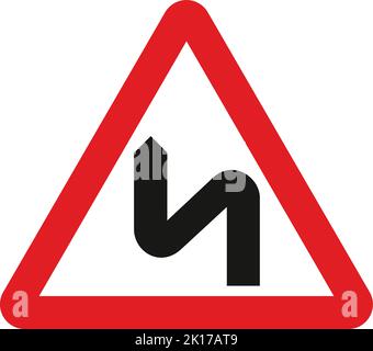 Doppelkurve zuerst nach links (Symbol kann umgekehrt werden), das Straßenverkehrszeichen, Hinweisschilder, Schilder mit roten Kreisen sind meist unerschwinglich. Stock Vektor