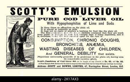 Ein alter viktorianischer Werbespot für Scott’s Emulsion, hergestellt aus Lebercod-Öl, hergestellt von Scott und Bowe aus Farringdon Lane, London, England, Großbritannien. Es stammt aus einer Zeitschrift von 1890. Lebertran ist ein Nahrungsergänzungsmittel, das aus der Leber von Kabeljaufisch gewonnen wird. Wie bei den meisten Fischölen enthält es die Omega-3-Fettsäuren Eicosapentaensäure (EPA) und Docosahexaensäure (DHA) sowie die Vitamine A und D. in der Vergangenheit wurde es Kindern gegeben, weil Vitamin D nachweislich Kindererkrankungen wie Rachitis (infolge eines Vitamin-D-Mangels) vorbeugen konnte. Beschrieben als ‘Verschwendung von Krankheiten von Kindern’ – alte 1800s Graphik. Stockfoto