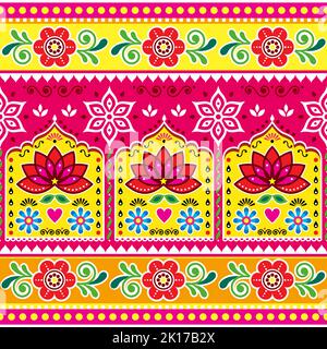 Indische und pakistanische LKW-Kunst inspiriert Vektor nahtlose Muster mit Lotusblumen, Retro floral Diwali bunte Volkskunst Muster Stock Vektor
