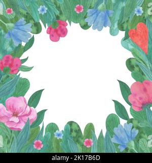 Rahmen mit Wildblumen. Rosa und blaue Blüten. Gemüsebrandung. Illustration für Postkarten, Cover, Stickerei. Stockfoto