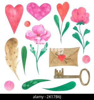 Romantische Herzelemente und Blumen. Texturpflanzen, Buchstaben und Schlüssel. Aquarell-Set für Muster, Postkarten, Drucke. Stockfoto