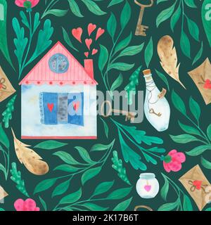 Blumenmuster zum valentinstag. Aquarelldarstellung. Schöne Häuser, alte Schlüssel und Gläser. Für Postkarten, Covers, verschiedene Dekorationen. Stockfoto