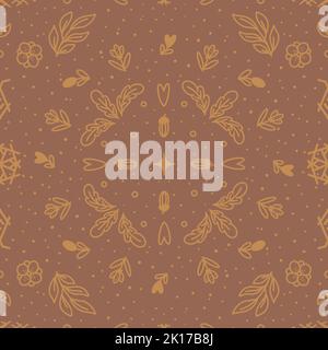 Nahtloses Herbstmuster mit Eichenblättern und Eicheln. Florales Ornament auf braunem Hintergrund. Illustration für Stoffe, Postkarten, Bücher, Tapeten. Stockfoto
