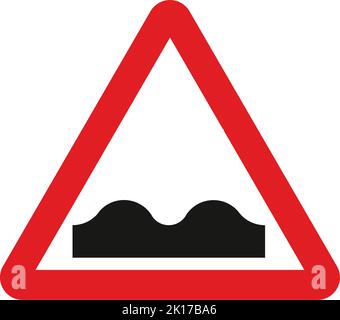 Unebene Straße, das Highway Code Verkehrsschild, Schilder, die Befehle geben, Schilder mit roten Kreisen sind meist unerschwinglich. Platten unterhalb der Schilder qualifizieren ihre Messa Stock Vektor