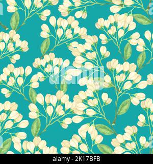 Kleine Kirschknospen an den Zweigen. Beige Blüten und grüne Blätter. Aquarell Nahtloses Muster auf türkisfarbenem Hintergrund. Botanische Abbildung. Stockfoto