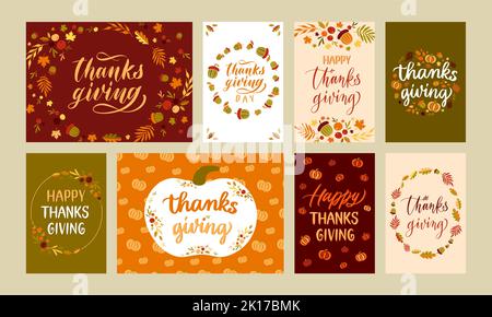 Thanksgiving Tageskarten. Herbsturlaub Schriftzug mit Herbstblättern und Kürbissen, glücklich dank geben Vektor-Set Stock Vektor