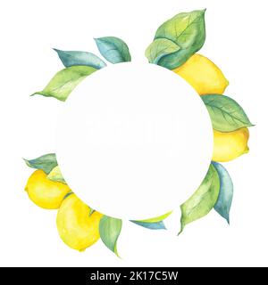 Rahmen für Karten und Einladungen mit hellen Zitronen. Runder Kranz mit gelben Zitrusfrüchten. Aquarelldarstellung auf weißem Hintergrund. Stockfoto