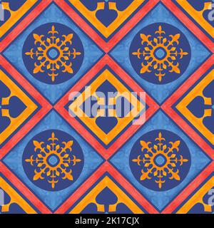 Geometrisches Kachelmuster auf blauem Hintergrund. Nahtlose Illustration mit Aquarell. Zum Bedrucken von Postkarten, Stoffen, Covern. Stockfoto