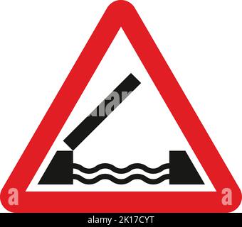 Das Öffnen oder Schwenken einer Brücke nach vorne, das Straßenverkehrszeichen, Hinweisschilder und Schilder mit roten Kreisen sind meist unerschwinglich. Platten unter den Schildern q Stock Vektor