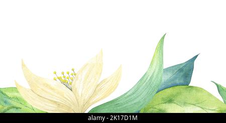 Nahtlose Bordüre mit beigefarbener Blume und grünen Blättern. Aquarell-Illustration für die Gestaltung von Postkarten, Stoffen, Drucken. Botanische Zeichnung auf einem weißen Stockfoto