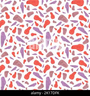 Geometrische, mehrfarbige Formen im Terrazzo-Stil. Abstrakte Aquarell-Illustration. Nahtloses Muster auf weißem Hintergrund. Stockfoto