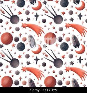 Raumschiff zwischen den Sternen und Planeten. Reisen Sie im endlosen Weltraum. Digitale Illustration, stilisierter Raum. Zeichnung für Stoffe, Tapeten, kinderposte Stockfoto
