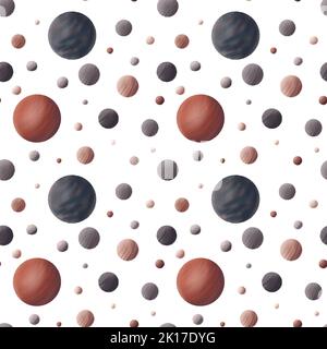 Digitale Zeichnung des Planeten. Nahtloses Muster mit runden Elementen. Darstellung des Raumes in grau-braunen Tönen. Geeignet für Stoffe, Drucke, Banner, Stockfoto