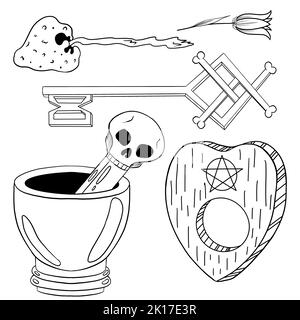 Hexenset: Mörser, Blume, Schlüssel, Pilz, Ouija-Brett. Elemente im Doodle-Stil auf weißem Hintergrund. Zum Bedrucken von Stoffen, zur Gestaltung von Dekor, Karten, Stockfoto