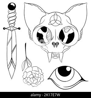 Set von Doodle Illustrationen für halloween. Dolch, Katzenschädel, Auge und Blume auf weißem Hintergrund. Zum Drucken von Aufklebern, Erstellen von Mustern, Dekor. Stockfoto